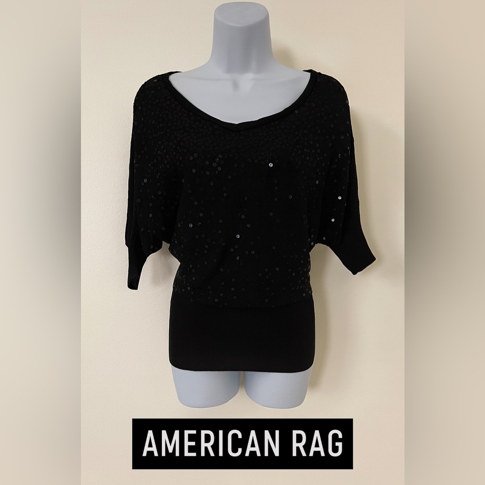 American Rag Black Sequin Batwing Dolman Sleeve Top Women’s XS